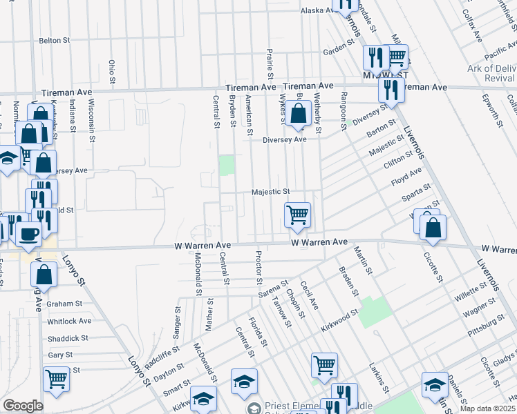 map of restaurants, bars, coffee shops, grocery stores, and more near 7312 American Street in Detroit