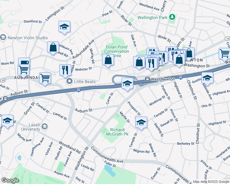 map of restaurants, bars, coffee shops, grocery stores, and more near 8 Curve Street in Newton