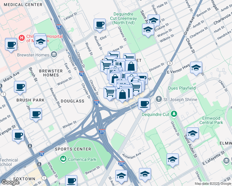 map of restaurants, bars, coffee shops, grocery stores, and more near 1322 Division St in Detroit