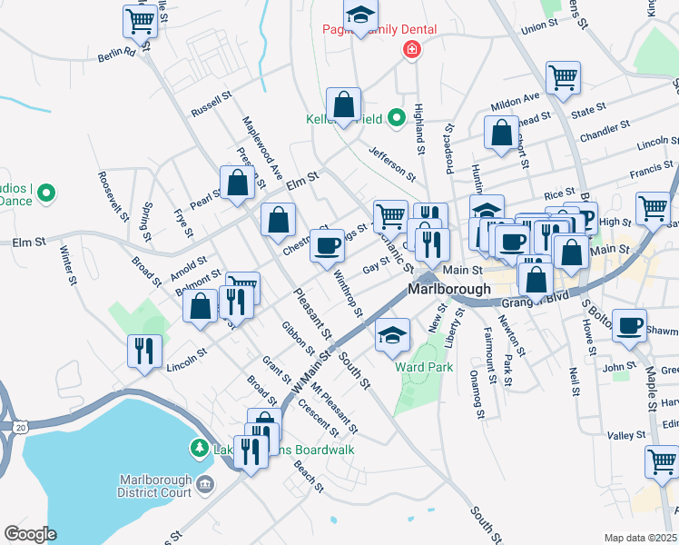 map of restaurants, bars, coffee shops, grocery stores, and more near 55 Winthrop Street in Marlborough