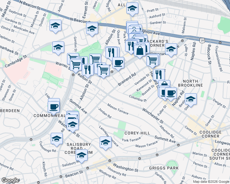 map of restaurants, bars, coffee shops, grocery stores, and more near 33 Walbridge Street in Boston