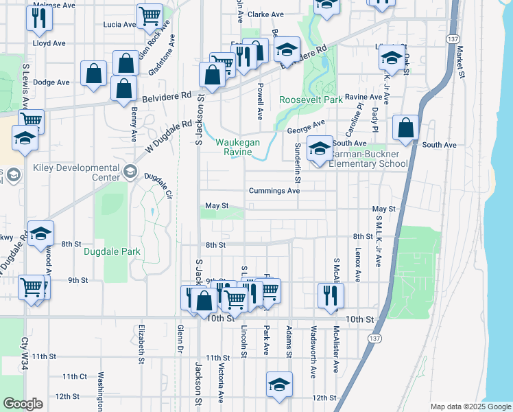 map of restaurants, bars, coffee shops, grocery stores, and more near 728 May Street in Waukegan