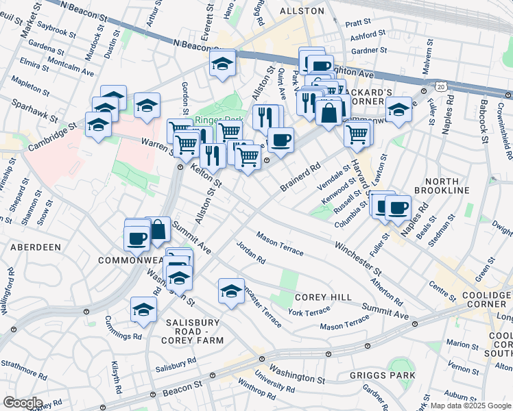 map of restaurants, bars, coffee shops, grocery stores, and more near 239 Kelton Street in Boston
