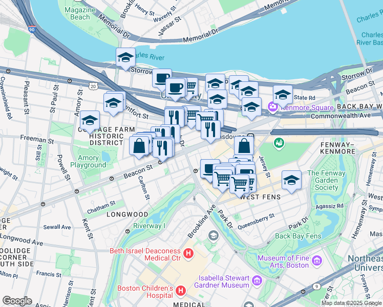 map of restaurants, bars, coffee shops, grocery stores, and more near 880 Beacon Street in Boston