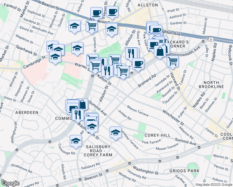 map of restaurants, bars, coffee shops, grocery stores, and more near 68 Woodstock Avenue in Boston