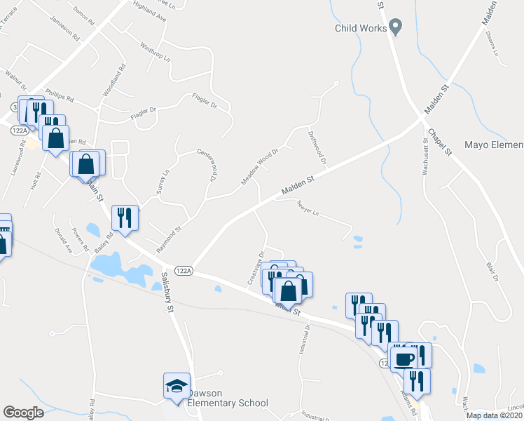 map of restaurants, bars, coffee shops, grocery stores, and more near 103 Malden Street in Holden
