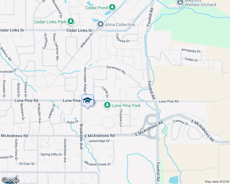 map of restaurants, bars, coffee shops, grocery stores, and more near 3343 Lone Pine Road in Medford