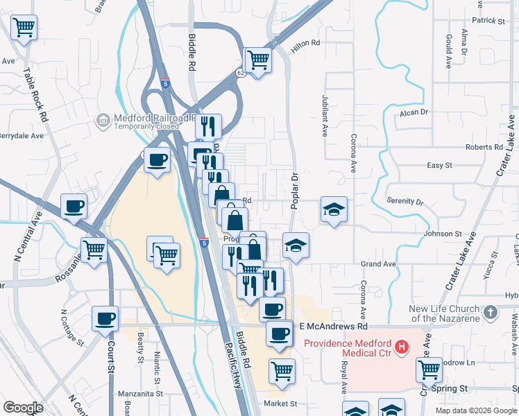 map of restaurants, bars, coffee shops, grocery stores, and more near 1220 Morrow Road in Medford