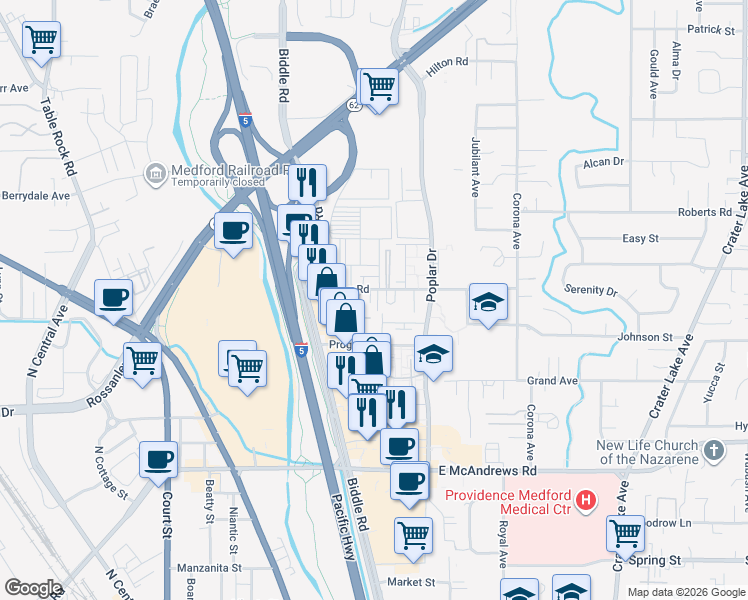 map of restaurants, bars, coffee shops, grocery stores, and more near 1220 Morrow Road in Medford