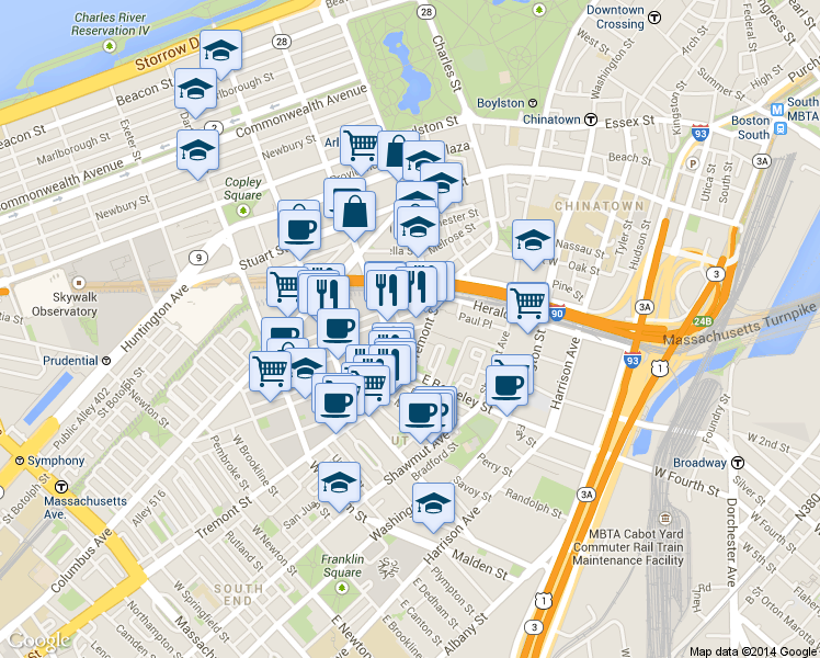 map of restaurants, bars, coffee shops, grocery stores, and more near 5 Appleton Street in Boston