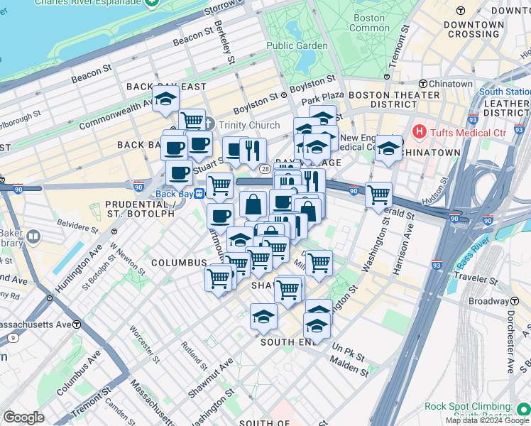 map of restaurants, bars, coffee shops, grocery stores, and more near 54 Lawrence Street in Boston