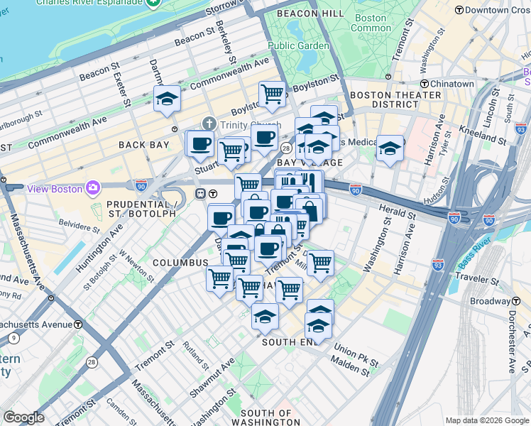 map of restaurants, bars, coffee shops, grocery stores, and more near 54 Lawrence Street in Boston