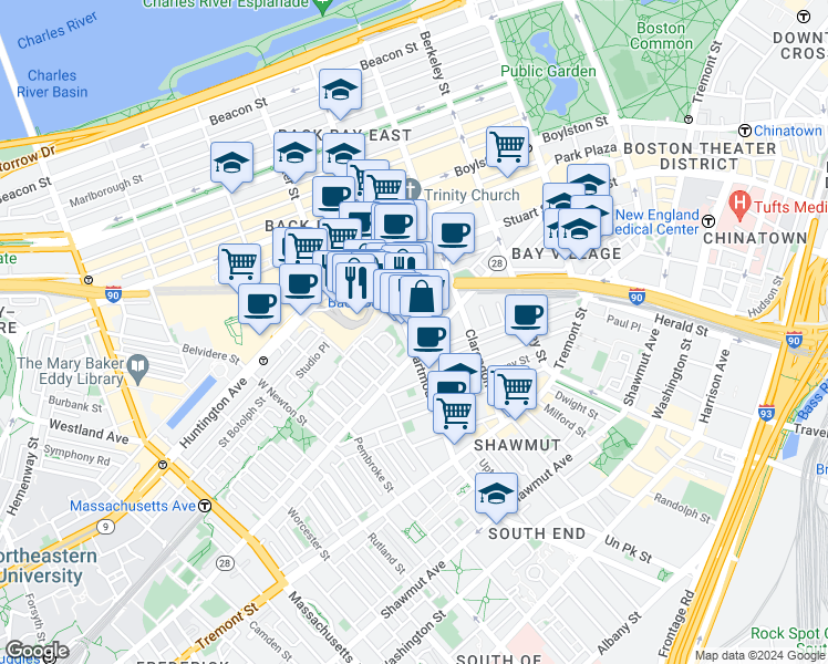 map of restaurants, bars, coffee shops, grocery stores, and more near 130 Dartmouth Street in Boston