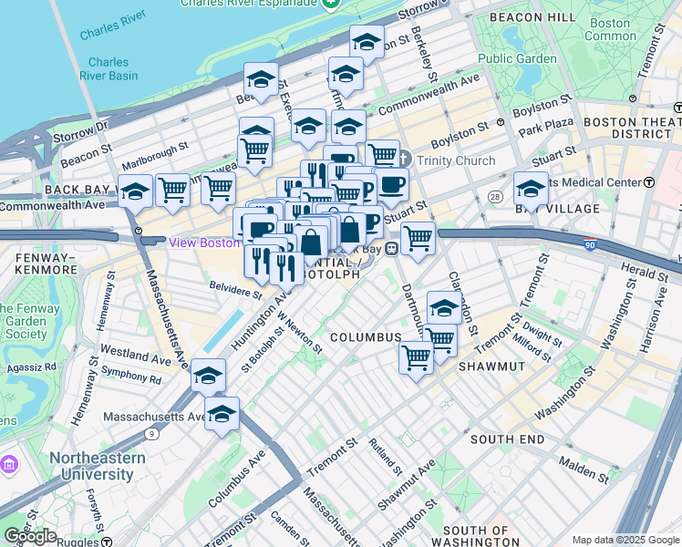 map of restaurants, bars, coffee shops, grocery stores, and more near 2 Harcourt Street in Boston