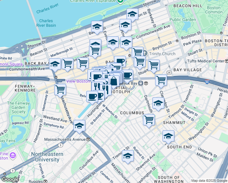map of restaurants, bars, coffee shops, grocery stores, and more near 101 Huntington Avenue in Boston