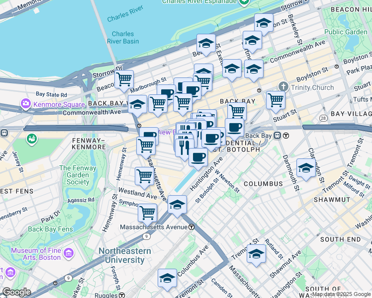 map of restaurants, bars, coffee shops, grocery stores, and more near in Boston