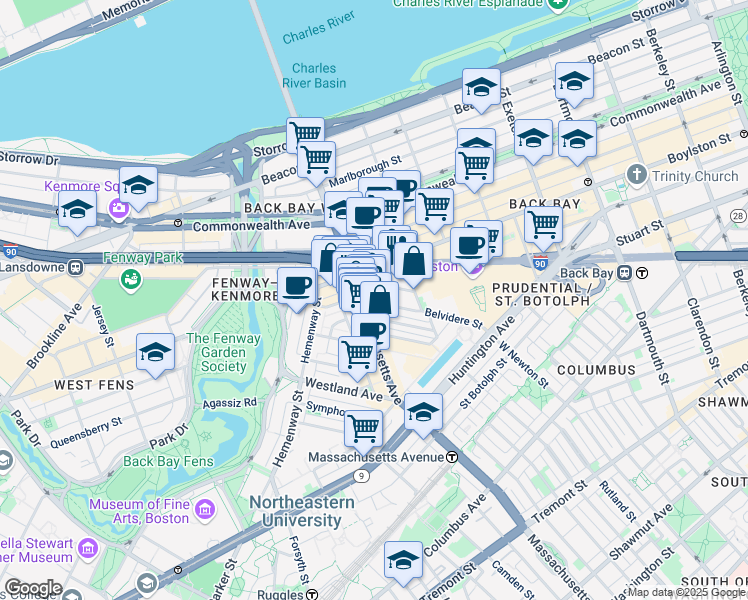 map of restaurants, bars, coffee shops, grocery stores, and more near 14 Belvidere Street in Boston