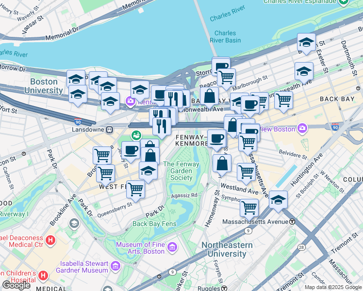 map of restaurants, bars, coffee shops, grocery stores, and more near in Boston