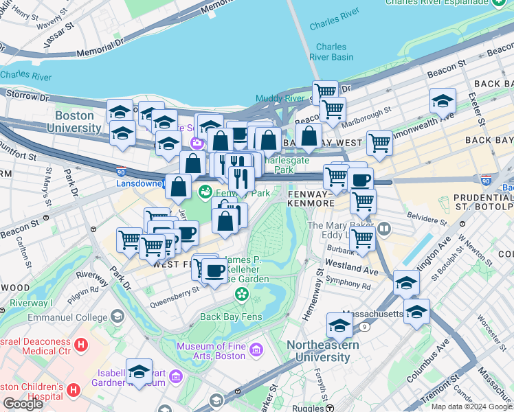 map of restaurants, bars, coffee shops, grocery stores, and more near 1179 Boylston Street in Boston