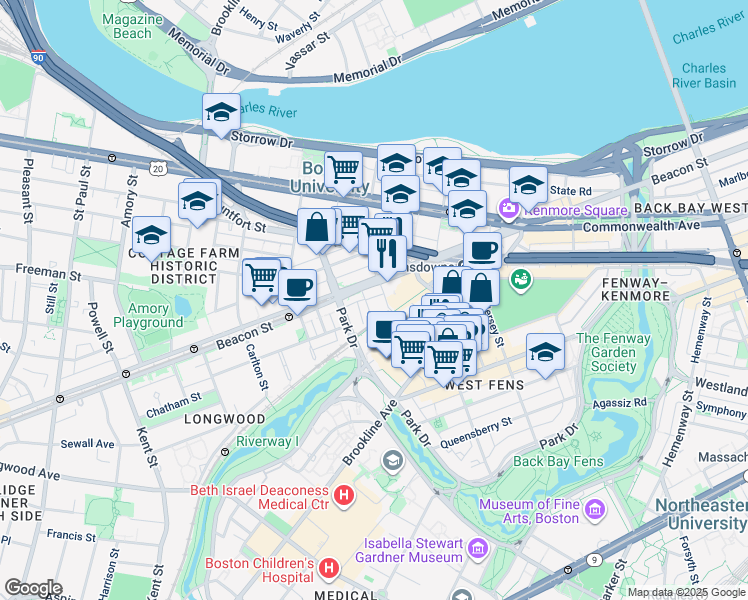 map of restaurants, bars, coffee shops, grocery stores, and more near 9 Miner Street in Boston