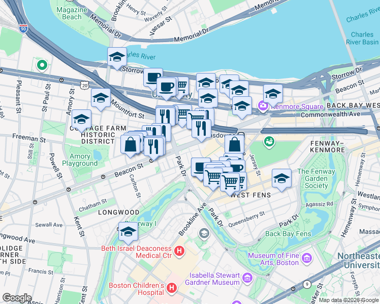 map of restaurants, bars, coffee shops, grocery stores, and more near 880 Beacon Street in Boston