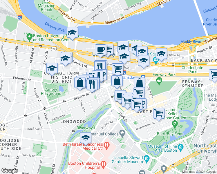 map of restaurants, bars, coffee shops, grocery stores, and more near 880 Beacon Street in Boston