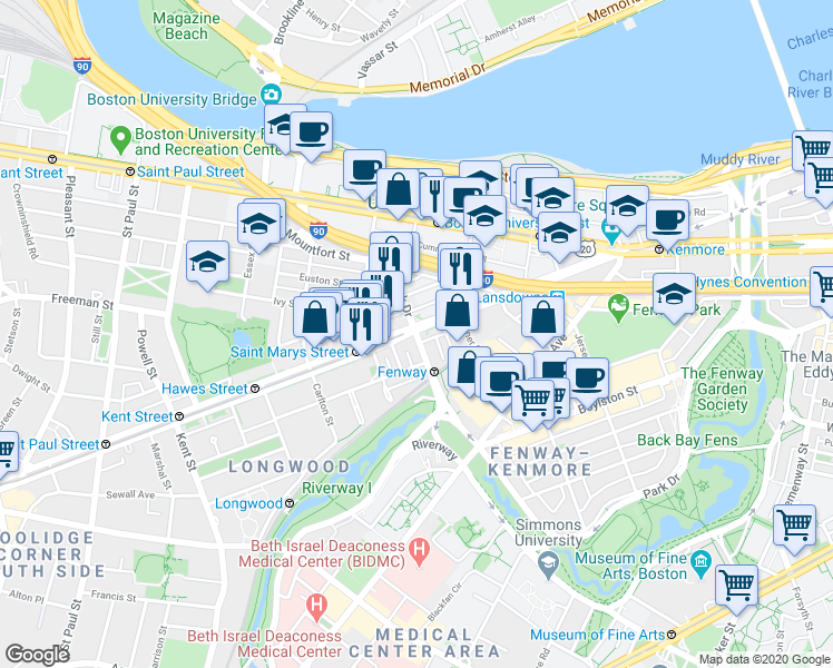 map of restaurants, bars, coffee shops, grocery stores, and more near 877 Beacon Street in Boston