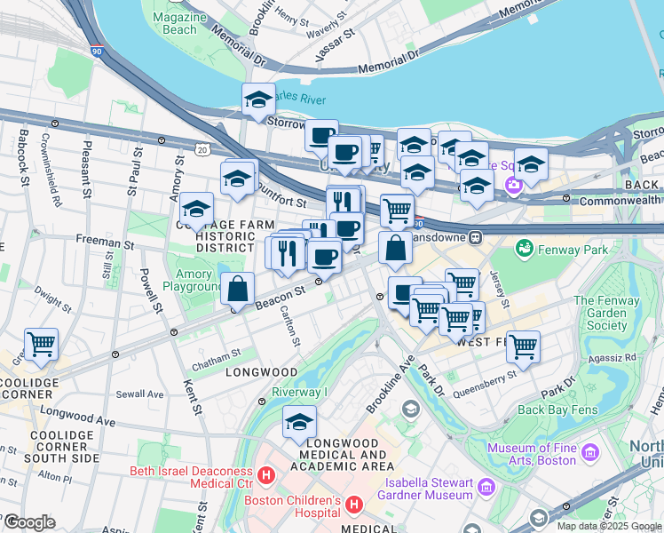 map of restaurants, bars, coffee shops, grocery stores, and more near 912 Beacon Street in Boston
