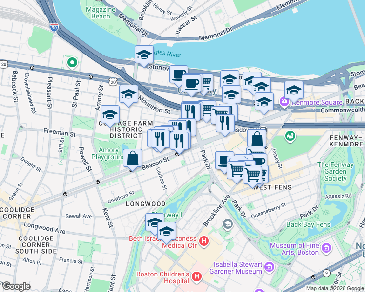 map of restaurants, bars, coffee shops, grocery stores, and more near 912 Beacon Street in Boston