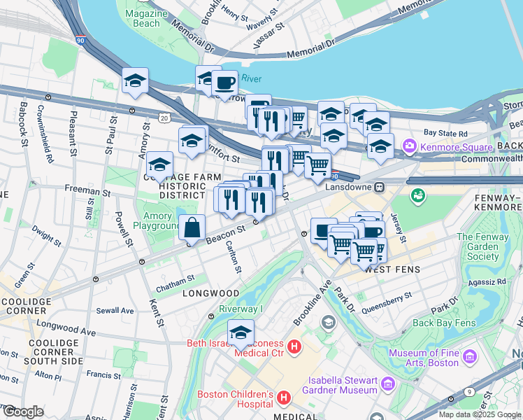 map of restaurants, bars, coffee shops, grocery stores, and more near in Brookline