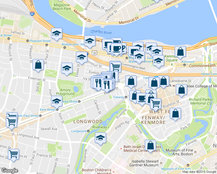 map of restaurants, bars, coffee shops, grocery stores, and more near in Brookline