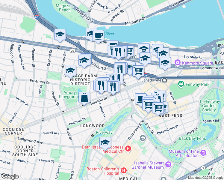 map of restaurants, bars, coffee shops, grocery stores, and more near 1009 A Beacon Street in Brookline