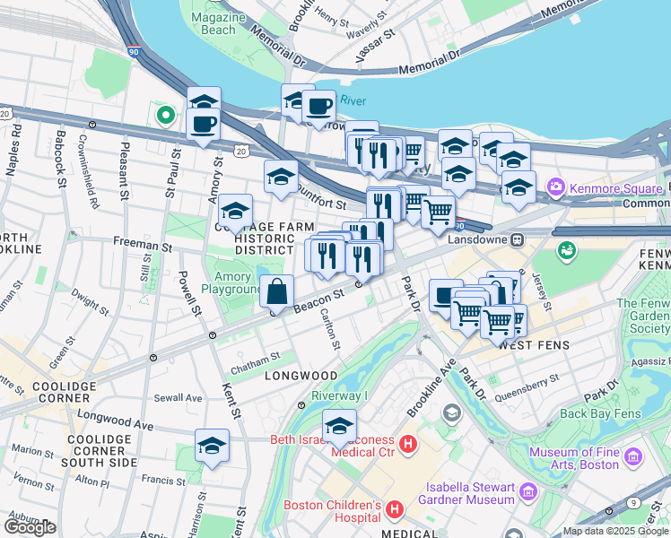 map of restaurants, bars, coffee shops, grocery stores, and more near 1026 Beacon Street in Brookline