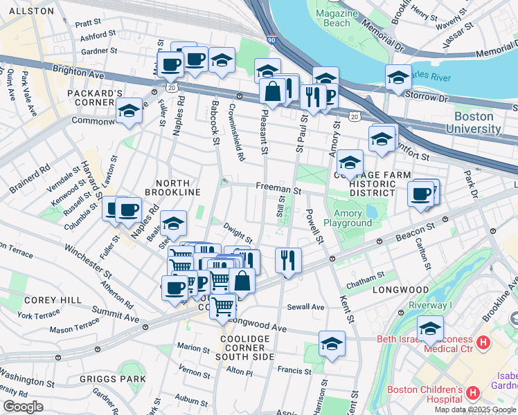 map of restaurants, bars, coffee shops, grocery stores, and more near 14 Still Street in Brookline