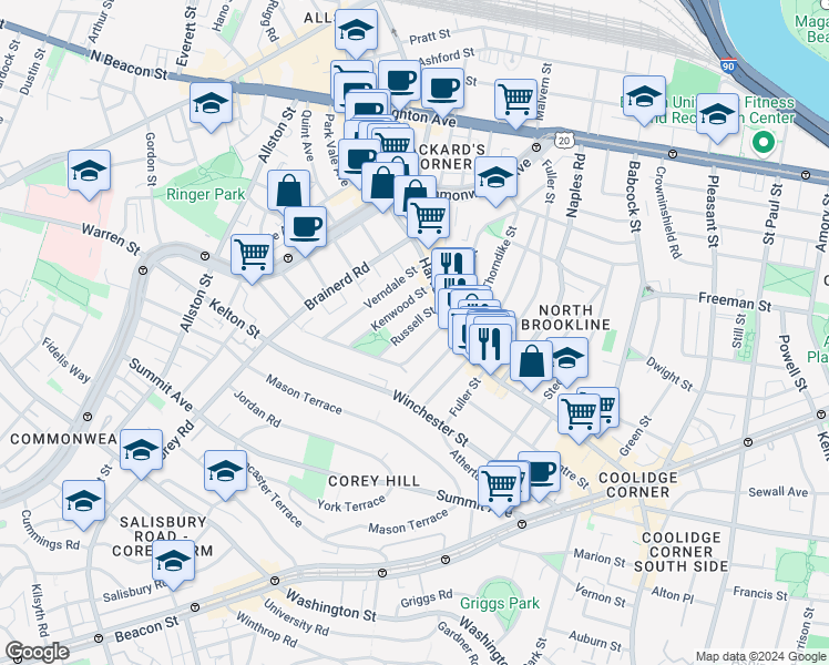 map of restaurants, bars, coffee shops, grocery stores, and more near 34 Russell Street in Brookline