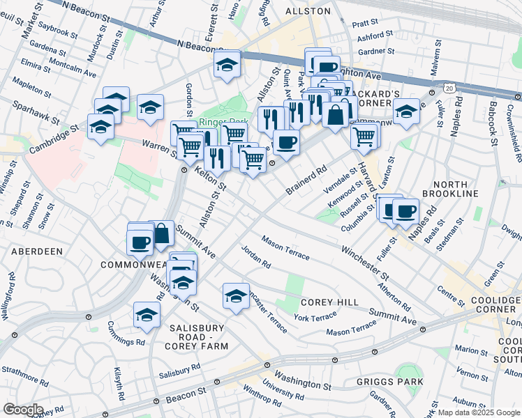 map of restaurants, bars, coffee shops, grocery stores, and more near 239 Kelton Street in Boston