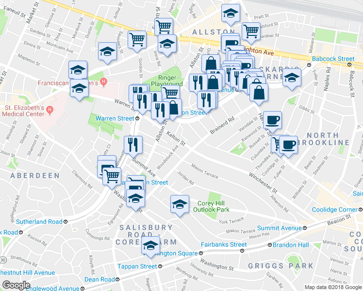 map of restaurants, bars, coffee shops, grocery stores, and more near 239 Kelton Street in Boston