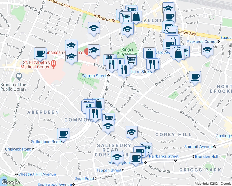 map of restaurants, bars, coffee shops, grocery stores, and more near in Boston