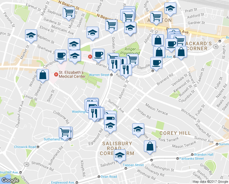 map of restaurants, bars, coffee shops, grocery stores, and more near 1486 Commonwealth Avenue in Boston