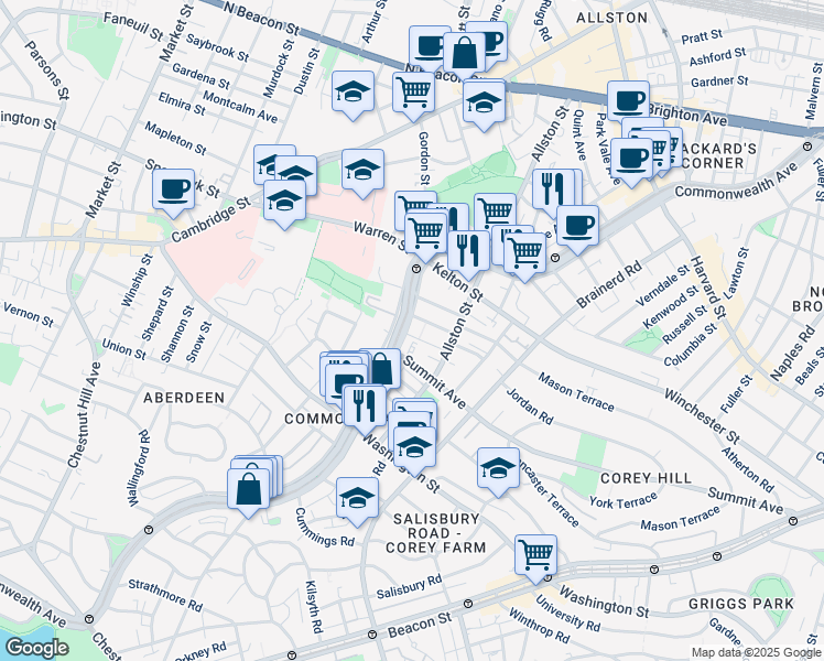 map of restaurants, bars, coffee shops, grocery stores, and more near 1486 Commonwealth Avenue in Boston