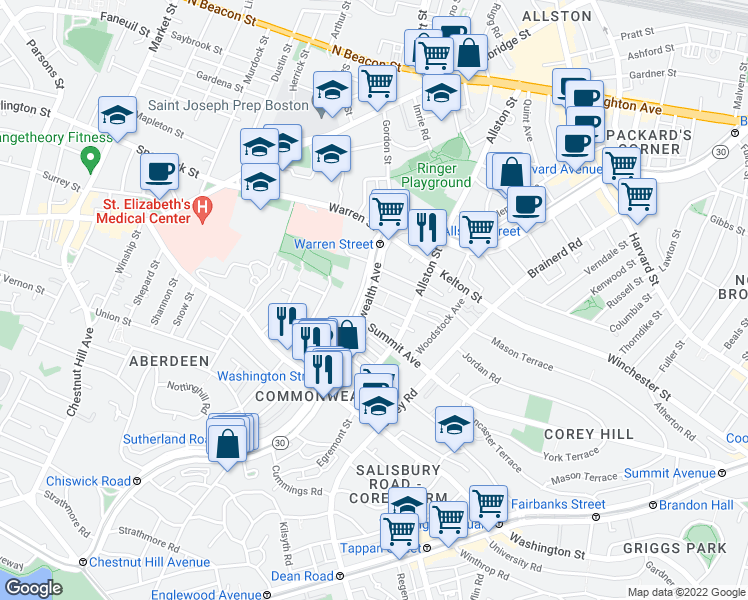 map of restaurants, bars, coffee shops, grocery stores, and more near 1486 Commonwealth Avenue in Boston