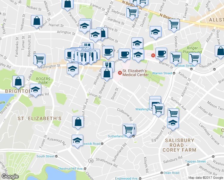 map of restaurants, bars, coffee shops, grocery stores, and more near 30 Shannon Street in Boston