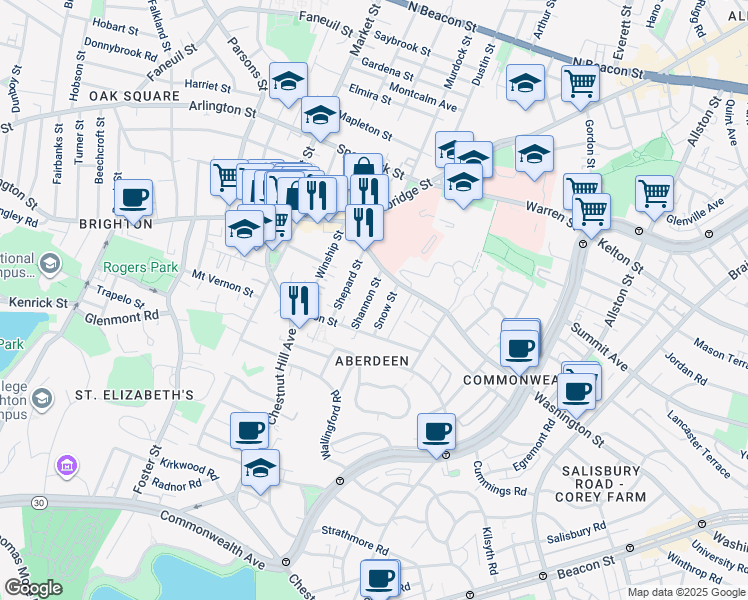 map of restaurants, bars, coffee shops, grocery stores, and more near 30 Shannon Street in Boston