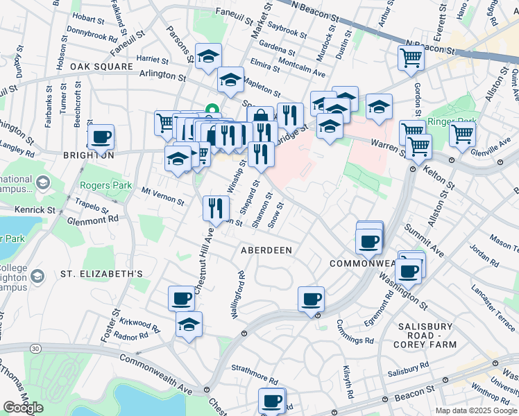 map of restaurants, bars, coffee shops, grocery stores, and more near 30 Shannon Street in Boston