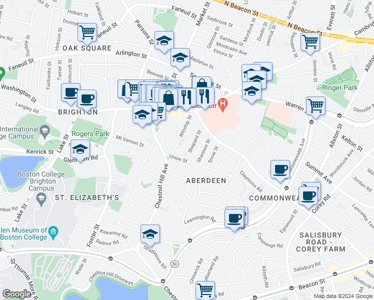 map of restaurants, bars, coffee shops, grocery stores, and more near 39 Shepard Street in Boston