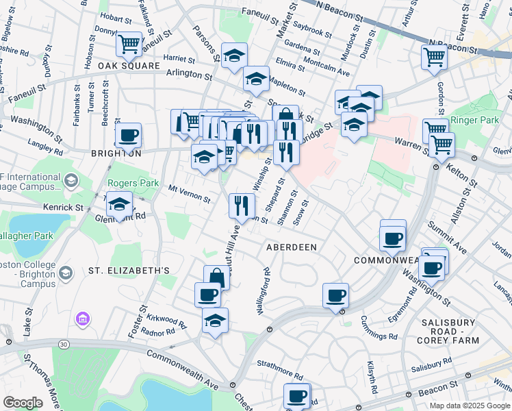 map of restaurants, bars, coffee shops, grocery stores, and more near 39 Shepard Street in Boston
