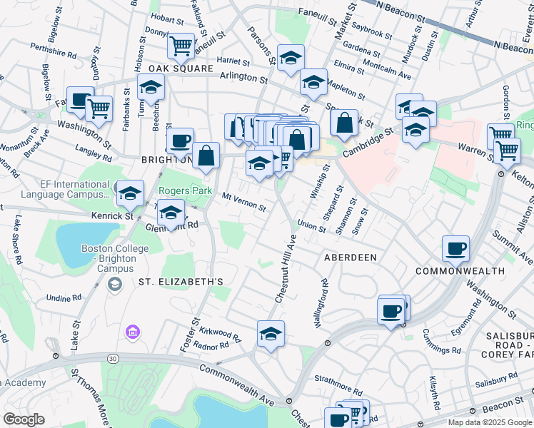 map of restaurants, bars, coffee shops, grocery stores, and more near 82 Academy Hill Road in Boston