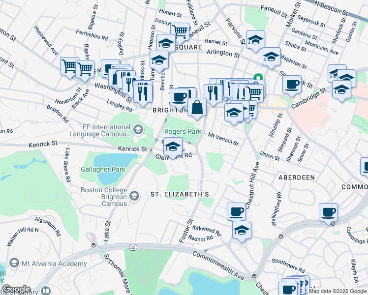 map of restaurants, bars, coffee shops, grocery stores, and more near 35 Trapelo Street in Boston