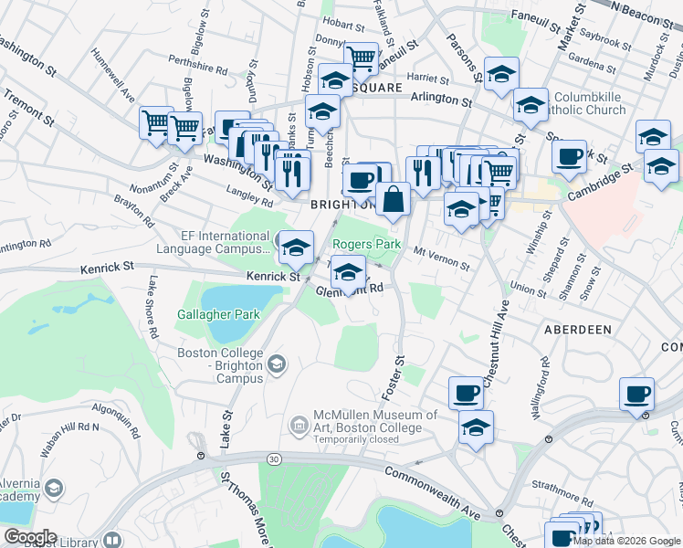 map of restaurants, bars, coffee shops, grocery stores, and more near 35 Trapelo Street in Boston