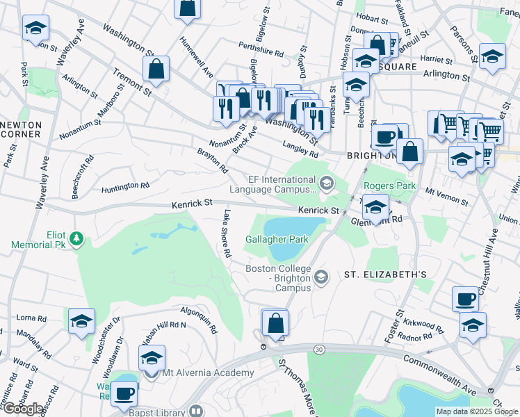 map of restaurants, bars, coffee shops, grocery stores, and more near 110-112 Kenrick Street in Boston